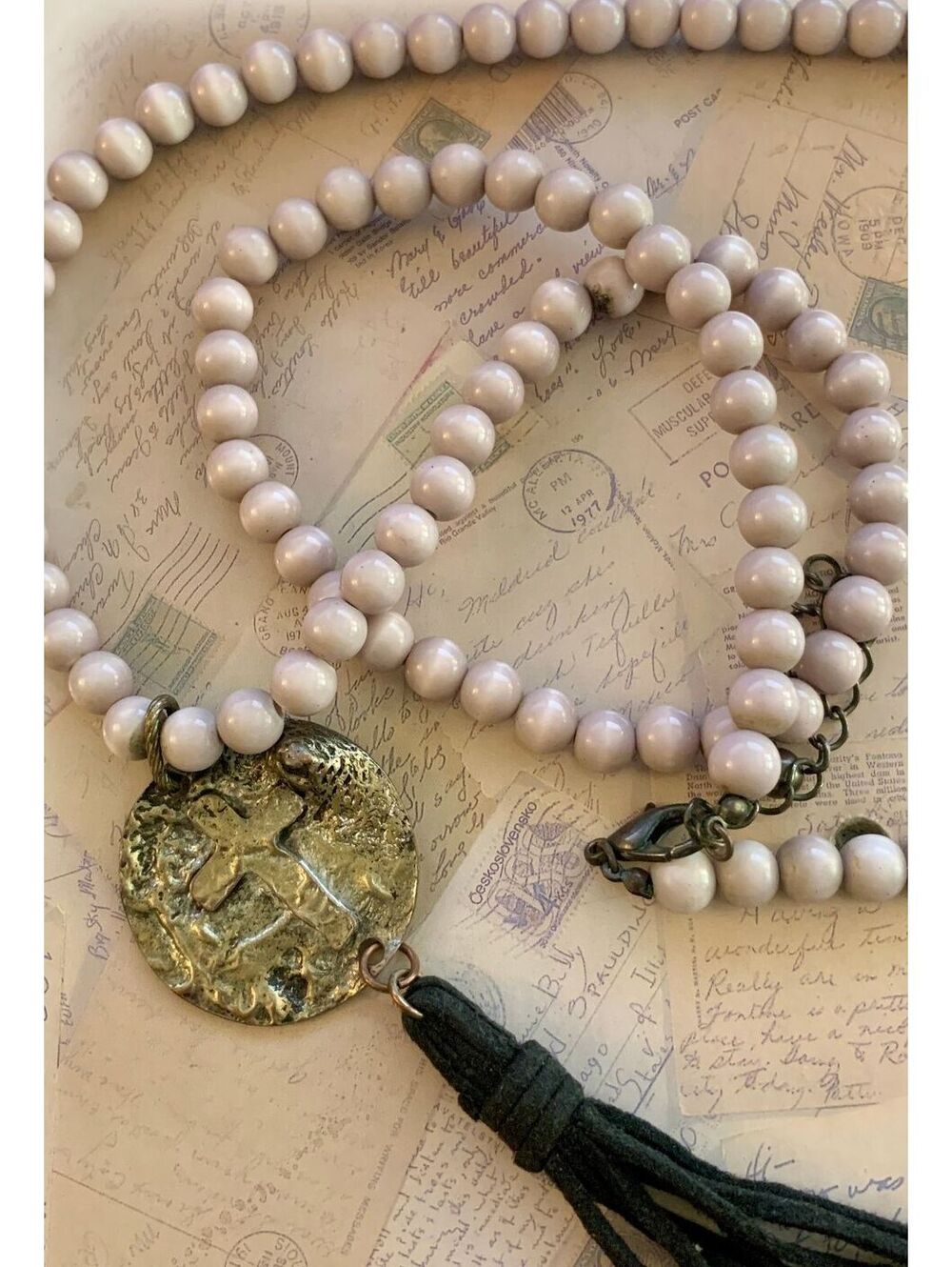 Unique Handmade Beaded Necklace with Cross Pendant & Tassel Charm